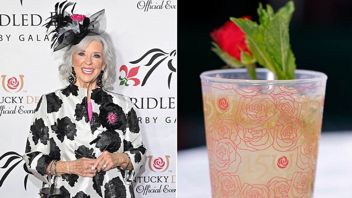 Paula Deen is dressed in her Kentucky Derby attire, left. A mint julep cocktail is displayed up close with a red rose sticking out of it, right.