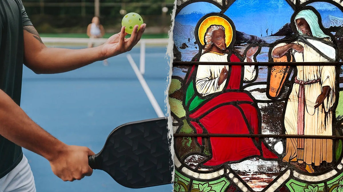 A split image of a man play pickleball and a church's stained glass window.