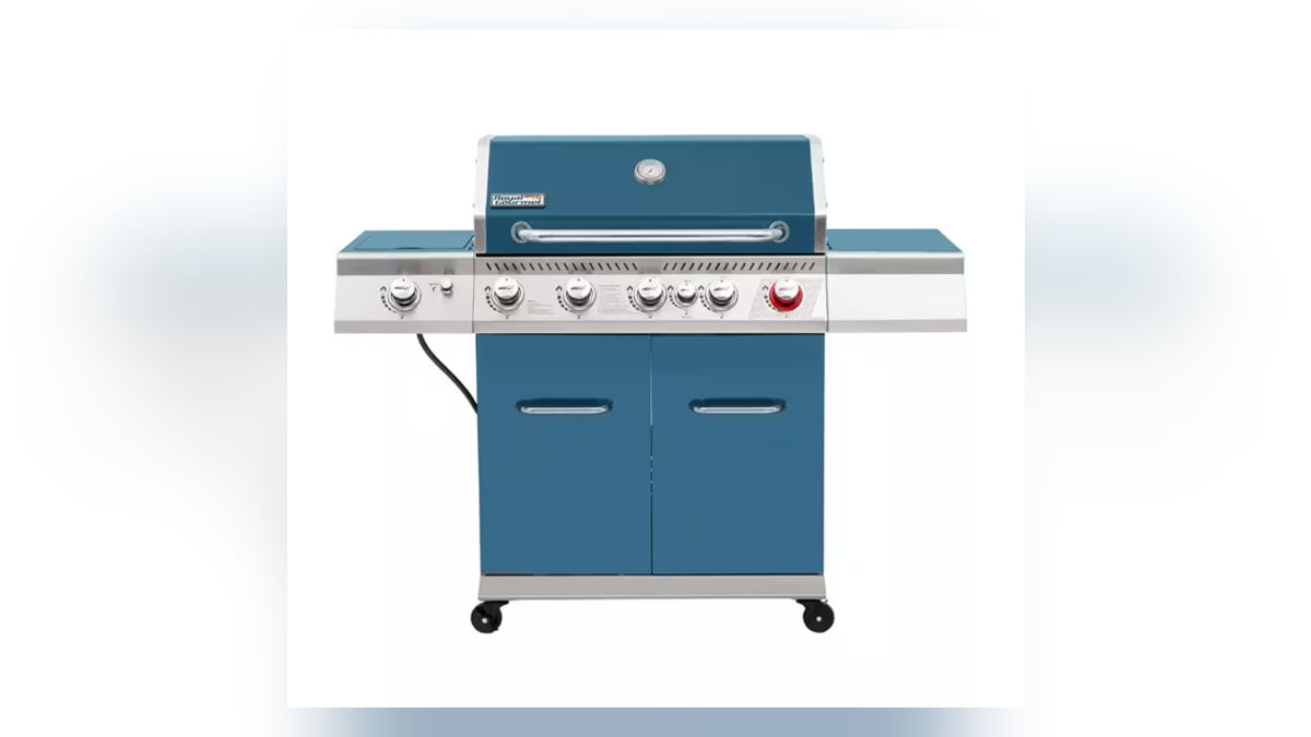 A colorful grill with seven burners. 