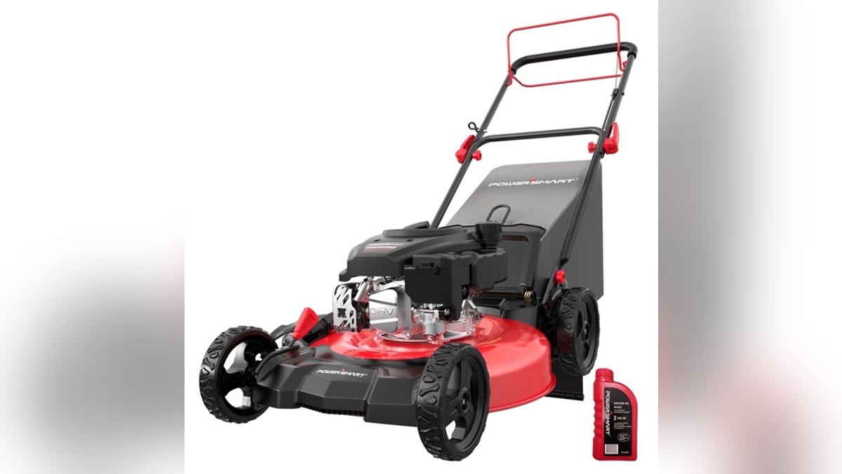 An easy-to-push lawnmower powered by gas. 