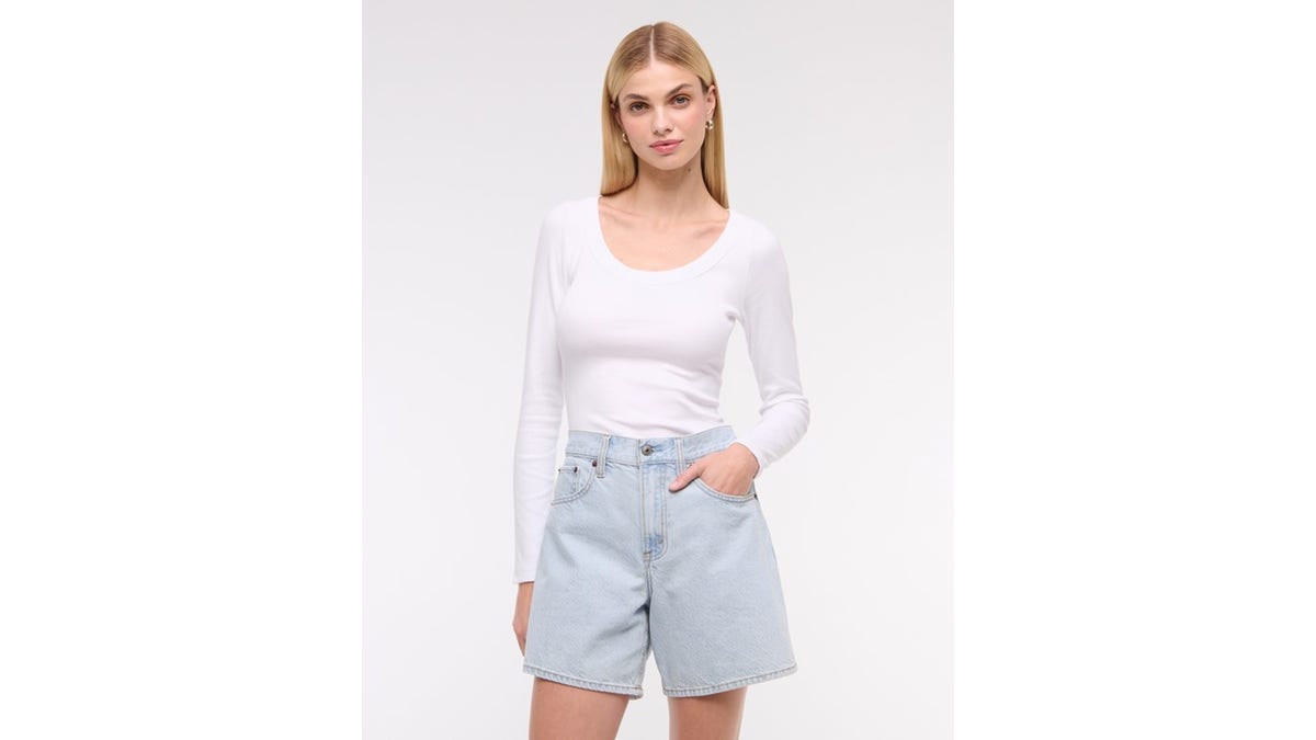 High-waisted shorts are comfy and come in a variety of washes.