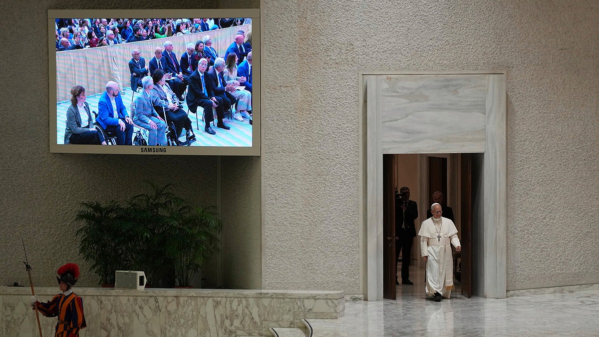 Pope Leo arrives to media meeting