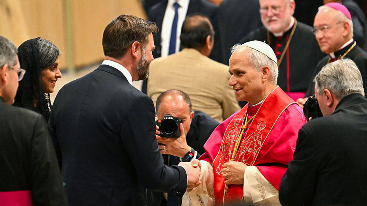 Pope Leo XIV shakes hands with JD Vance