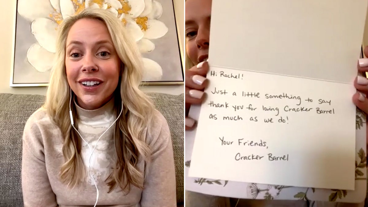 Rachel Love, who received a letter, right, with a gift package from Cracker Barrel, speaks to Fox News Digital.