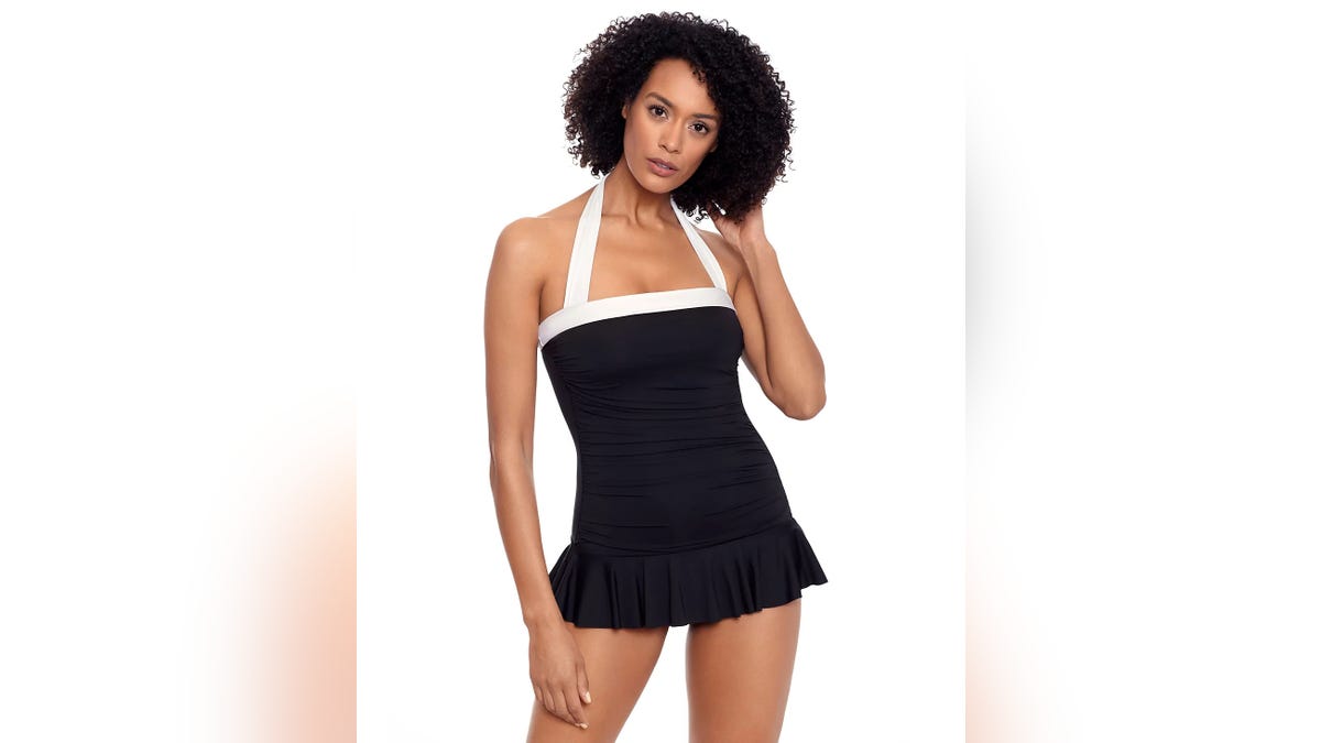 The Lauren by Ralph Lauren Bel Air Skirted swimsuit is a bandeau-style one-piece swimsuit with a skirt.