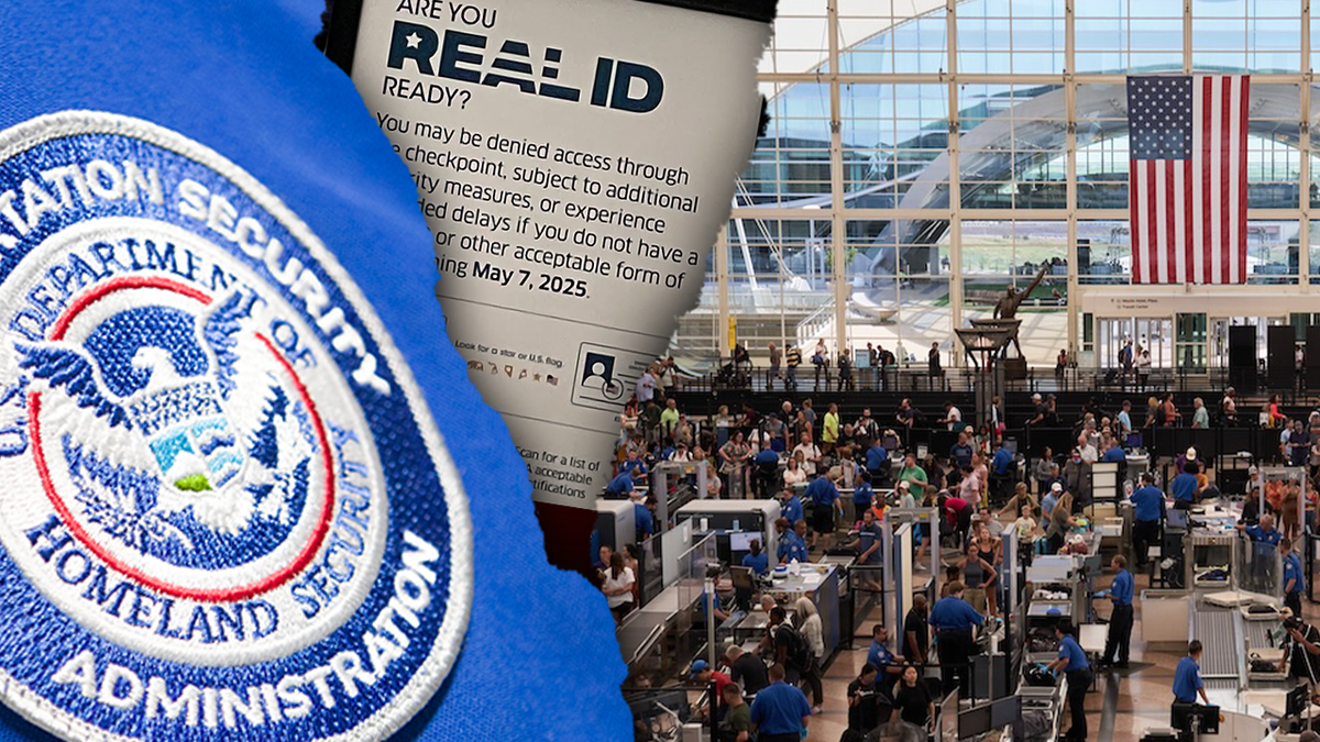 A TSA agent, DMV facility, and lines of travelers at a U.S. airport are seen in this split image. A 2005 Real ID law takes force on May 7, 2025 after a 20-year delay, prompting a frenzied eleventh-hour surge of travelers to their local DMVs to obtain the new identification. Photos via Getty Images