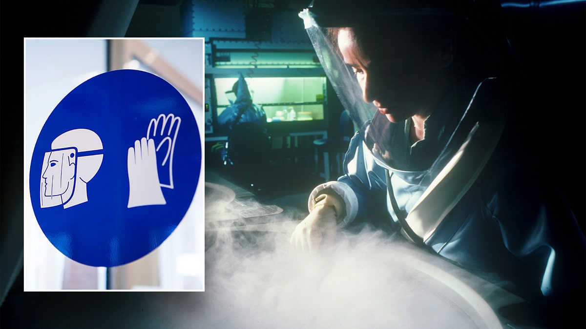 researcher with protective equipment on, dry ice