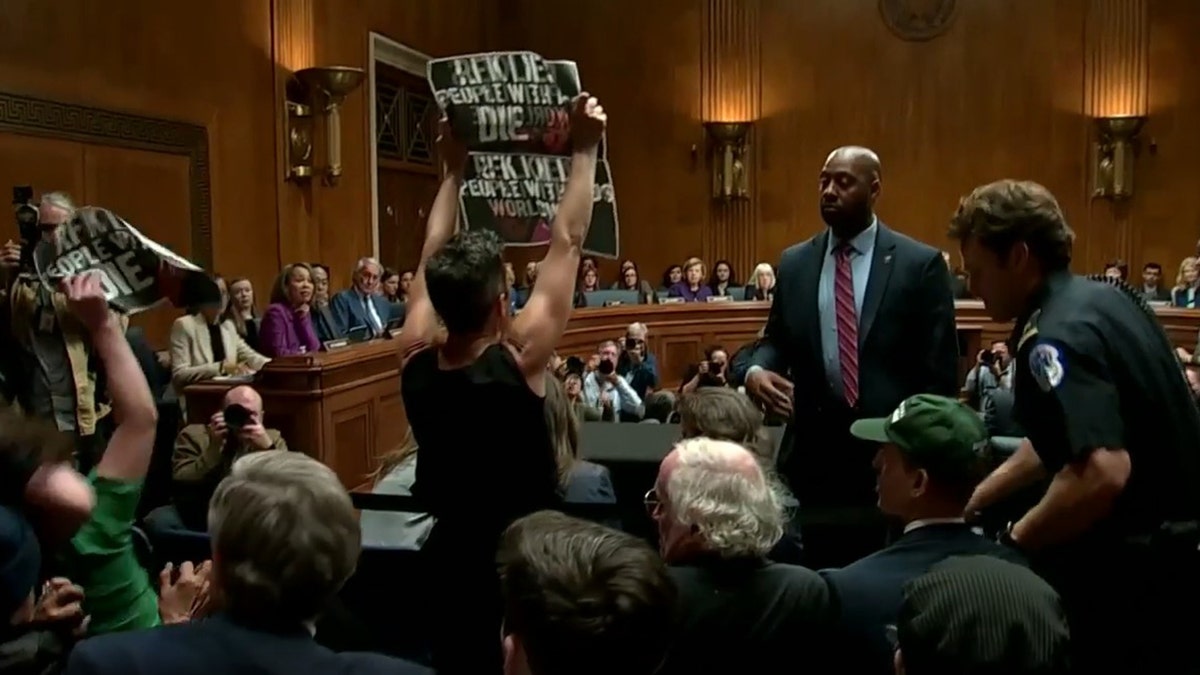 Protesters disrupt RFK Jr. hearing on Wednesday.