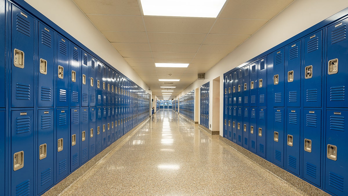 Corredor escolar vazio e não digno de nota, com armários de armazenamento de metal azul royal ao longo das laterais do corredor.