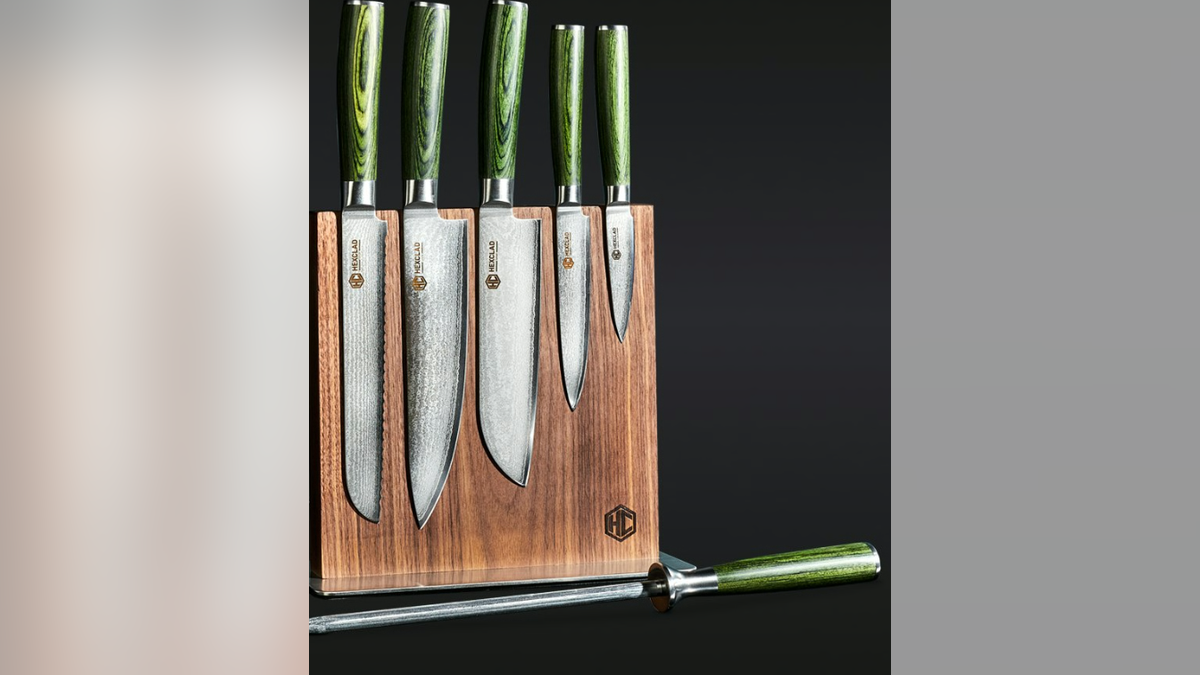 This Damascus knife set from HexClad is forged of 67 layers of Japanese Damascus steel.