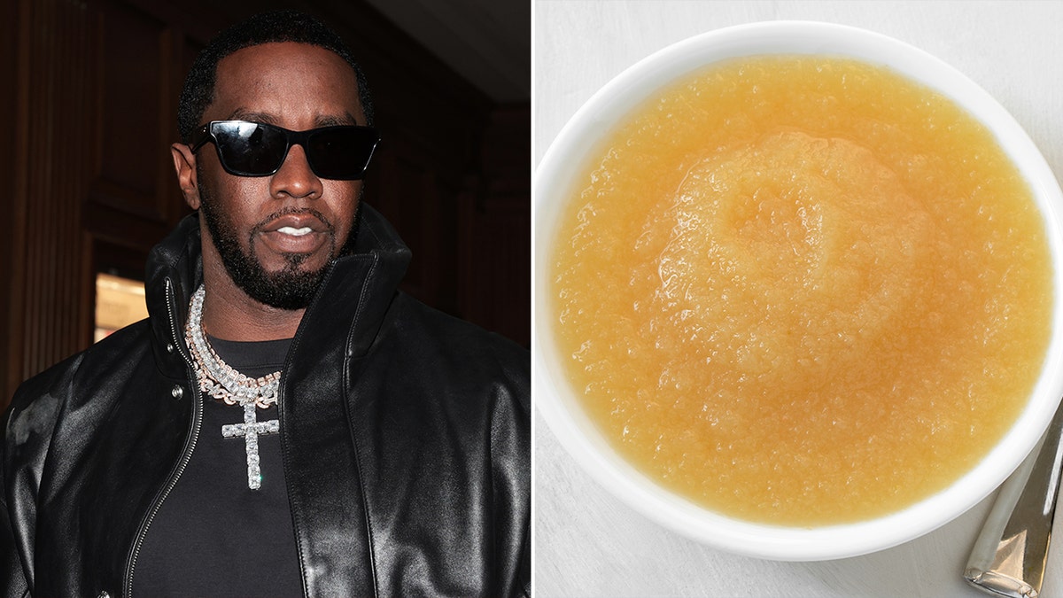 Sean "Diddy" Combs is shown in 2023, left. Applesauce is shown in a white bowl, right.
