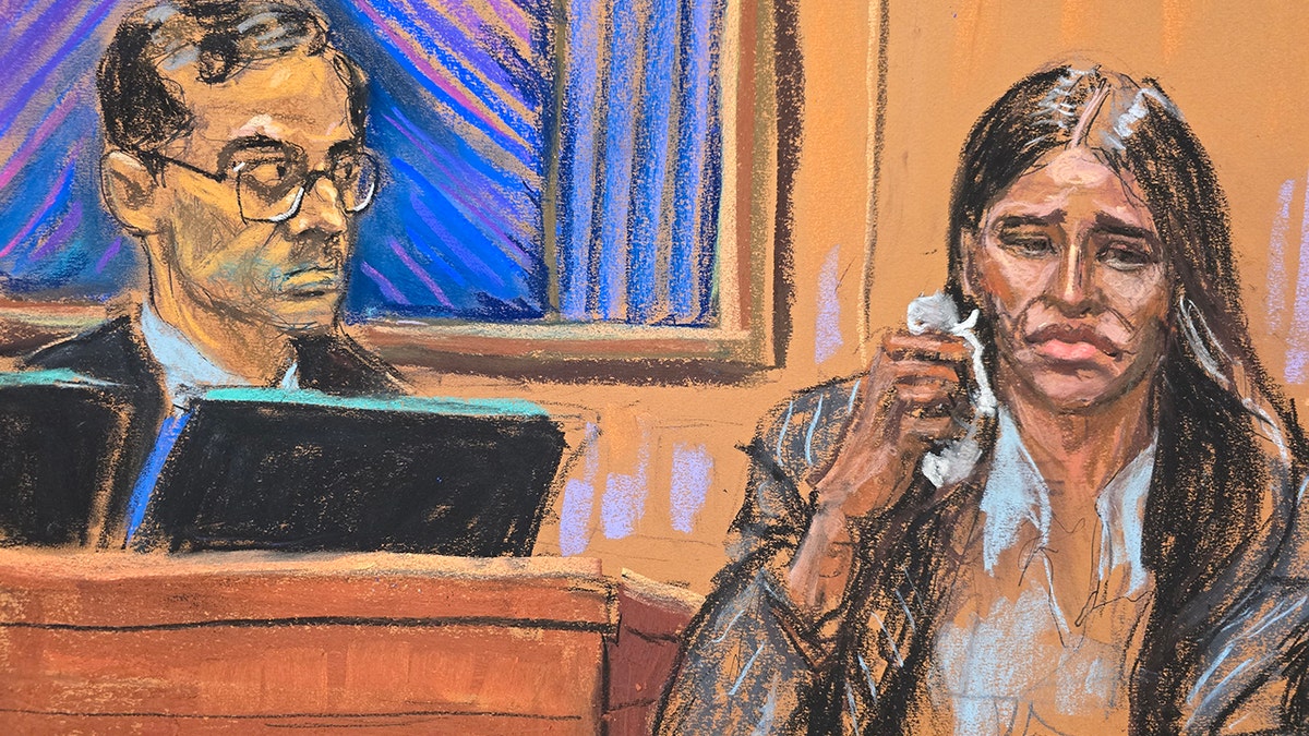 A sketch of Cassie Ventura testifying in court in front of P. Diddy and his lawyer during his trial.