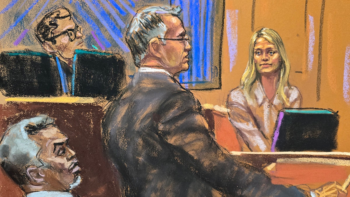 A sketch of Kerry Morgan, on the stand in court during the P. Diddy trial.