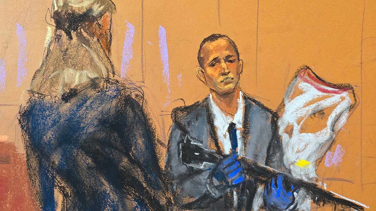 A sketch shows a government agent on the stand at the P. Diddy trial presenting evidence.