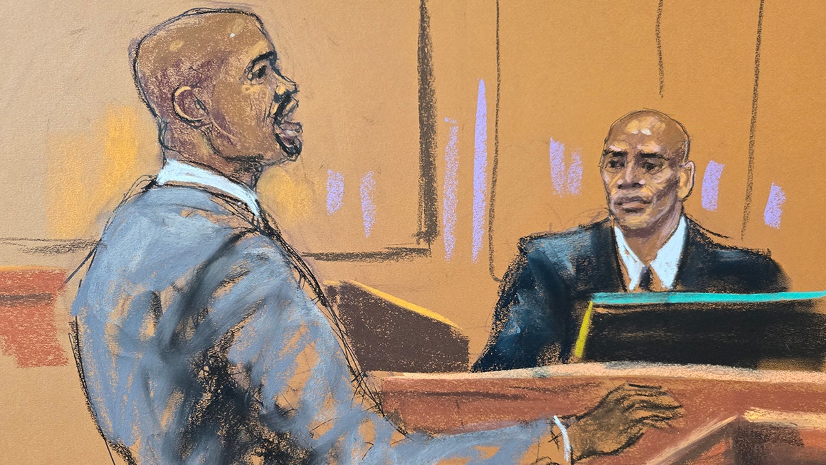 A sketch shows a witness on the stand at the P. Diddy trial.