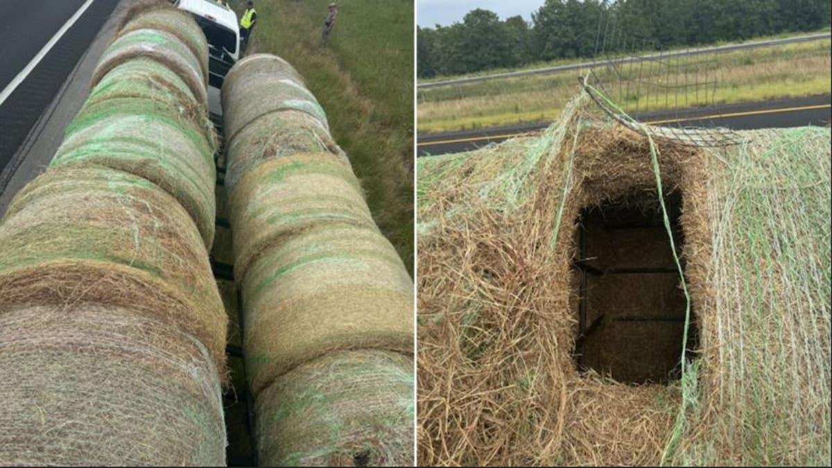 Split of the hay bales on the trailer and a view of the inside