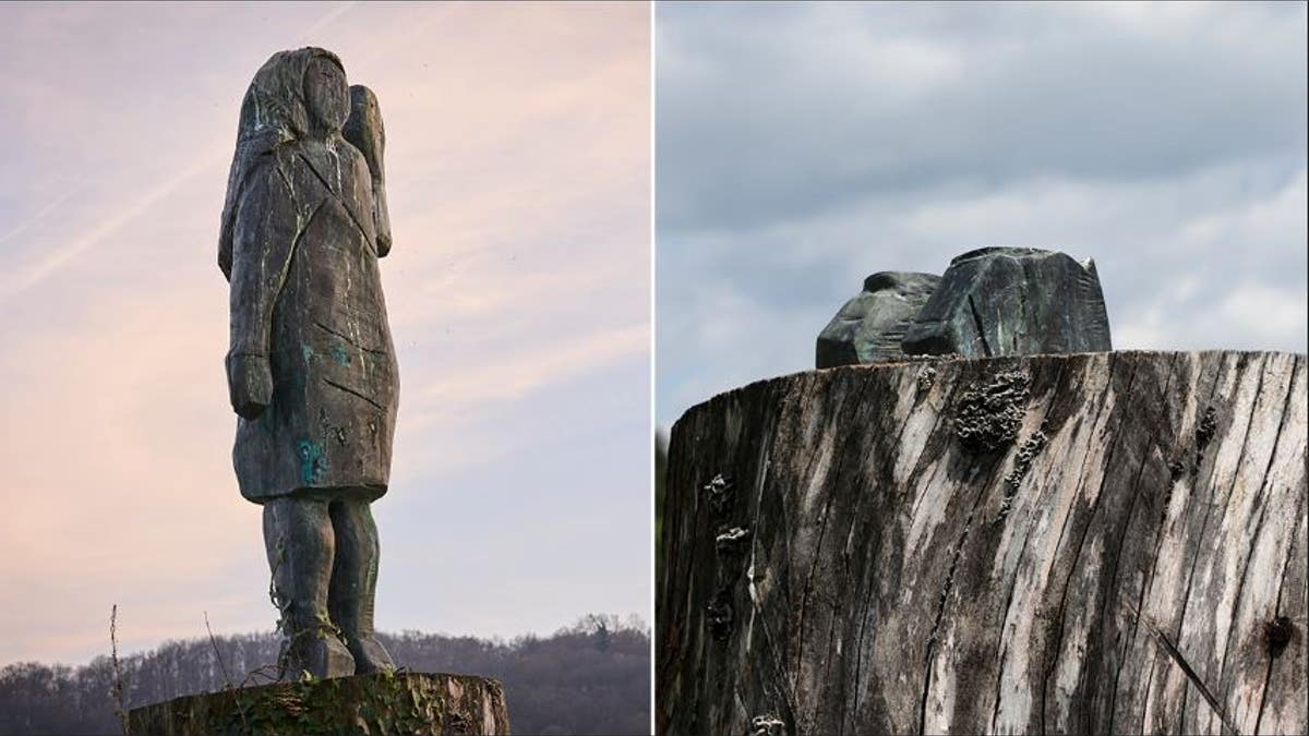 A split of the statue before and after the vandalism