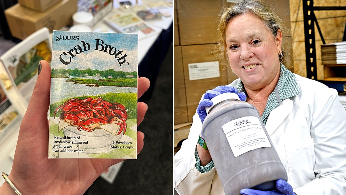 A woman's hand holds a package of St. Ours Crab Broth, left. Sharon St. Ours holds a commercial quantity jar of the broth, right.