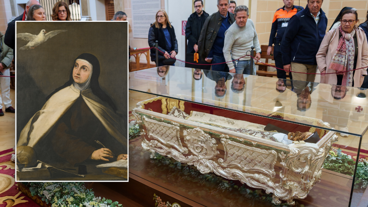 Split image of St. Teresa, Catholic worshippers