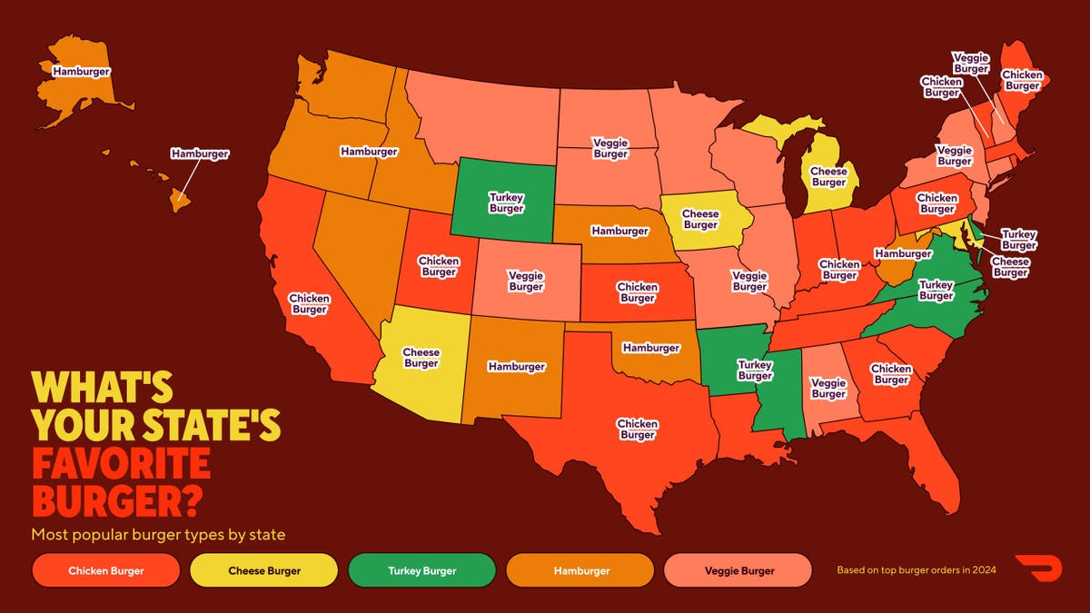 A color-coded map provided by DoorDash illustrates the preferred burgers of all 50 U.S. states.