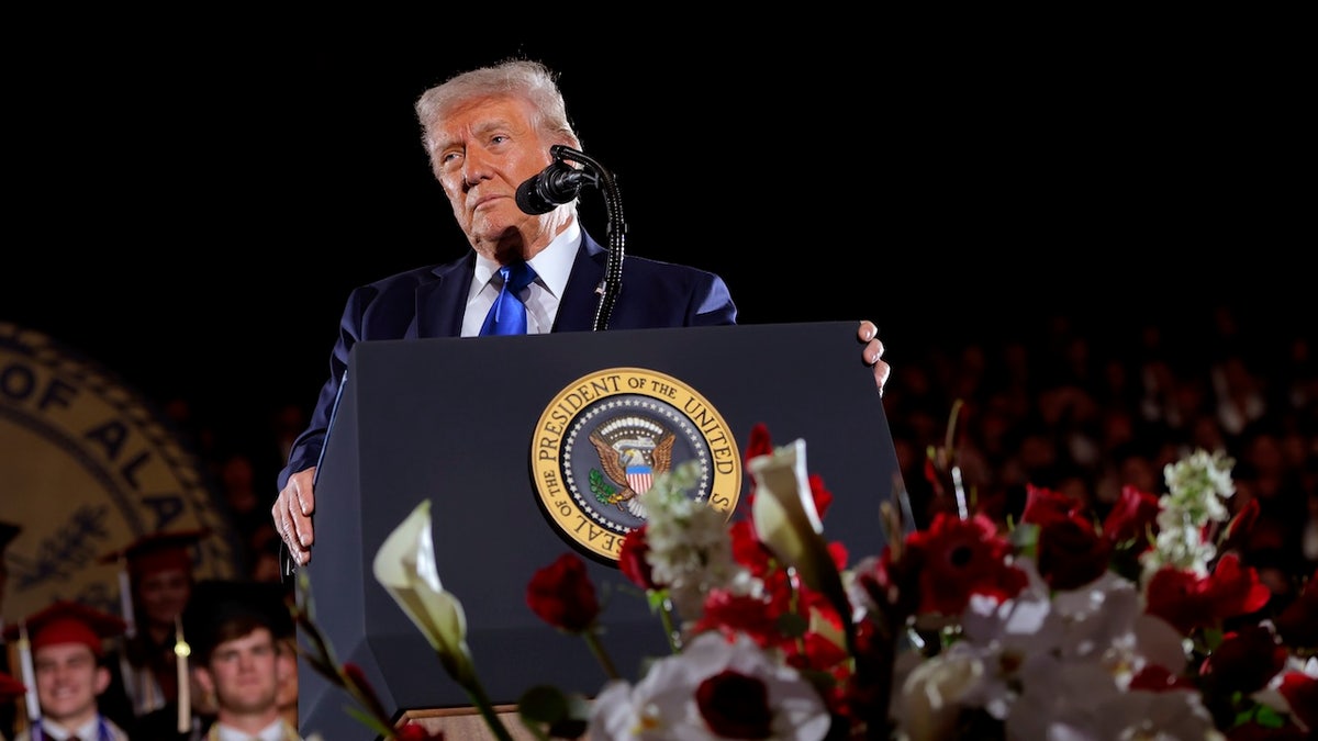 U.S. President Donald Trump delivers remarks to graduating students at the Coleman Coliseum at the University of Alabama on May 01, 2025 in Tuscaloosa, Alabama. Trump's remarks come the day before official commencement ceremonies.