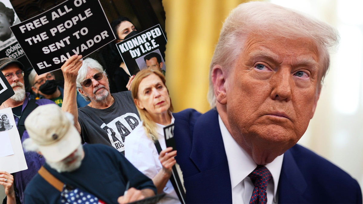 A picture divided into the appearances in New York City, in protest against the Use of the Trump administration of foreign enemies to deport some immigrants from the United States to El Salvador, as well as a picture of US President Donald Trump in the White House in 2025. Pictures via Getty Images
