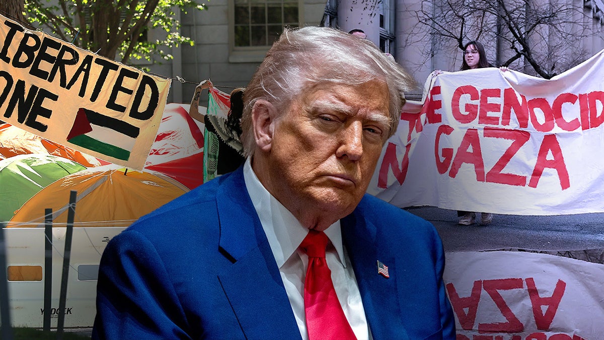 President Donald Trump pictured in an illustration with scenes from anti-Israel protests on Harvard's campus in the background.