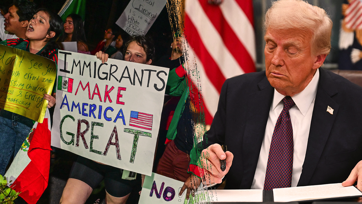 protesters with 'immigrants make america great' sign; Trump at right
