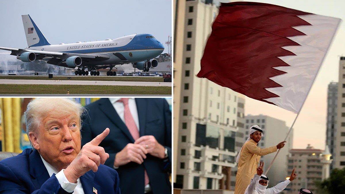 Air force one, Trump pointing, man waving Qatar flag photo montage