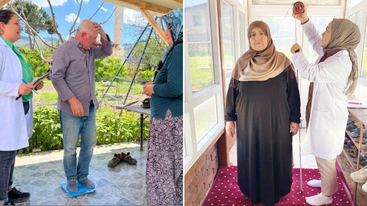 Turkish health officials measuring residents for weigh and height as part of a program to tackle obesity