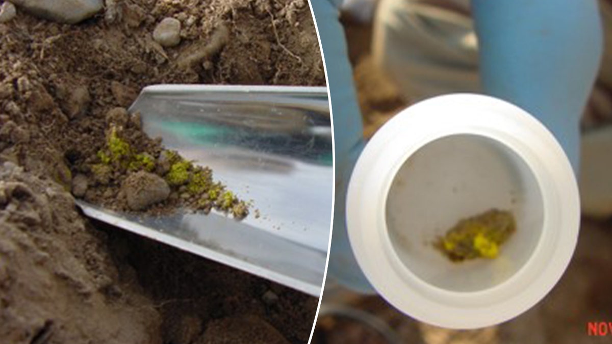 Images show visible "yellowcake" found in the ground at K2 base