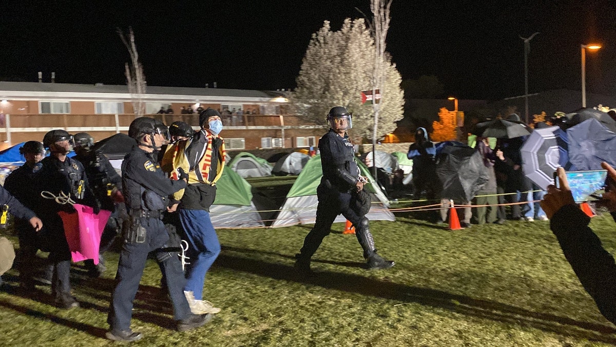 Law enforcement arrests a protester before disbanding the encampment at Northern Arizona University on April 30, 2024.