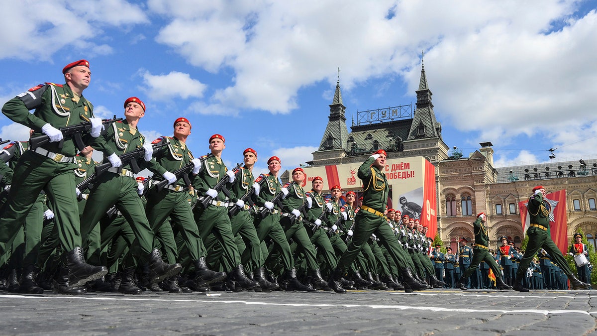 Russian soldiers march during Victory Day parade