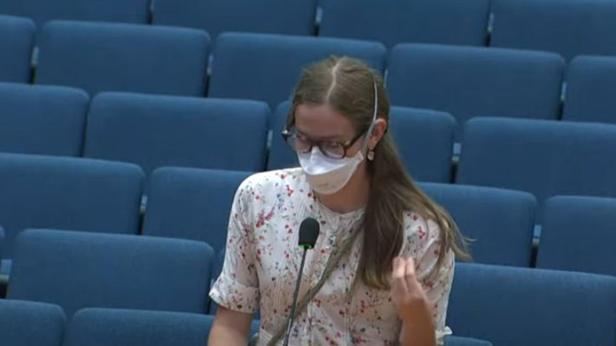 Violet Affleck speaking at an LA supervisor's meeting