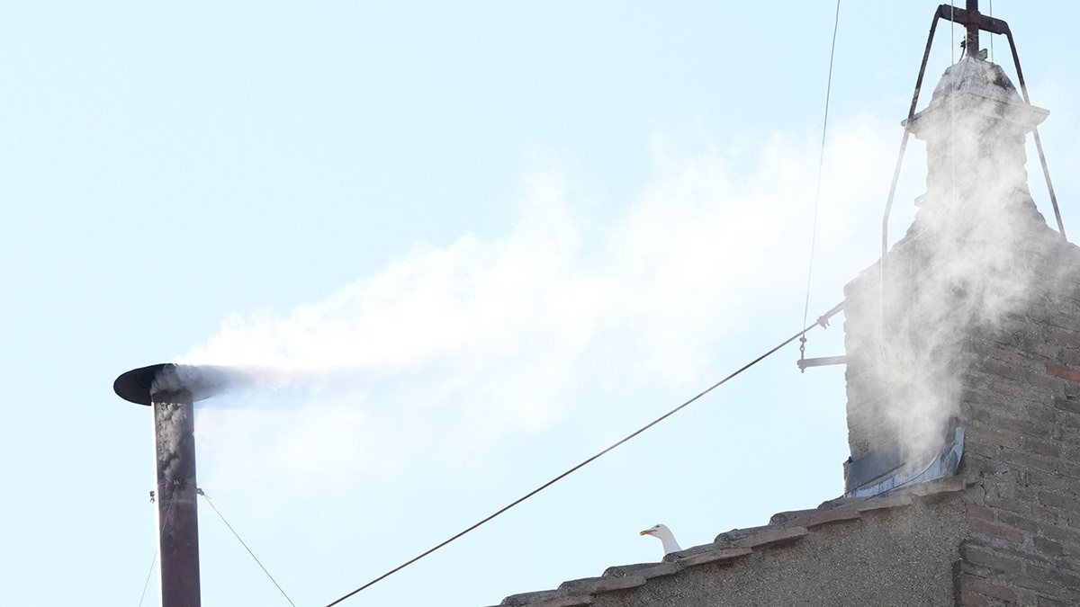 White smoke blows from the chimney indicating that a new pope has been elected by the Vatican conclave