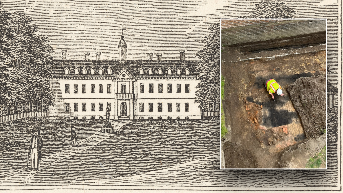 Split image of Wren building and brick kiln excavation