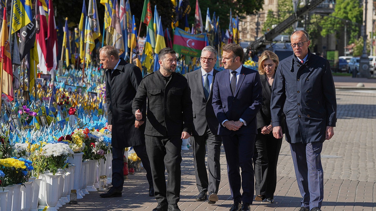 Volodymyr Zelenskyy and European leaders walk in Independence Square in Ukraine
