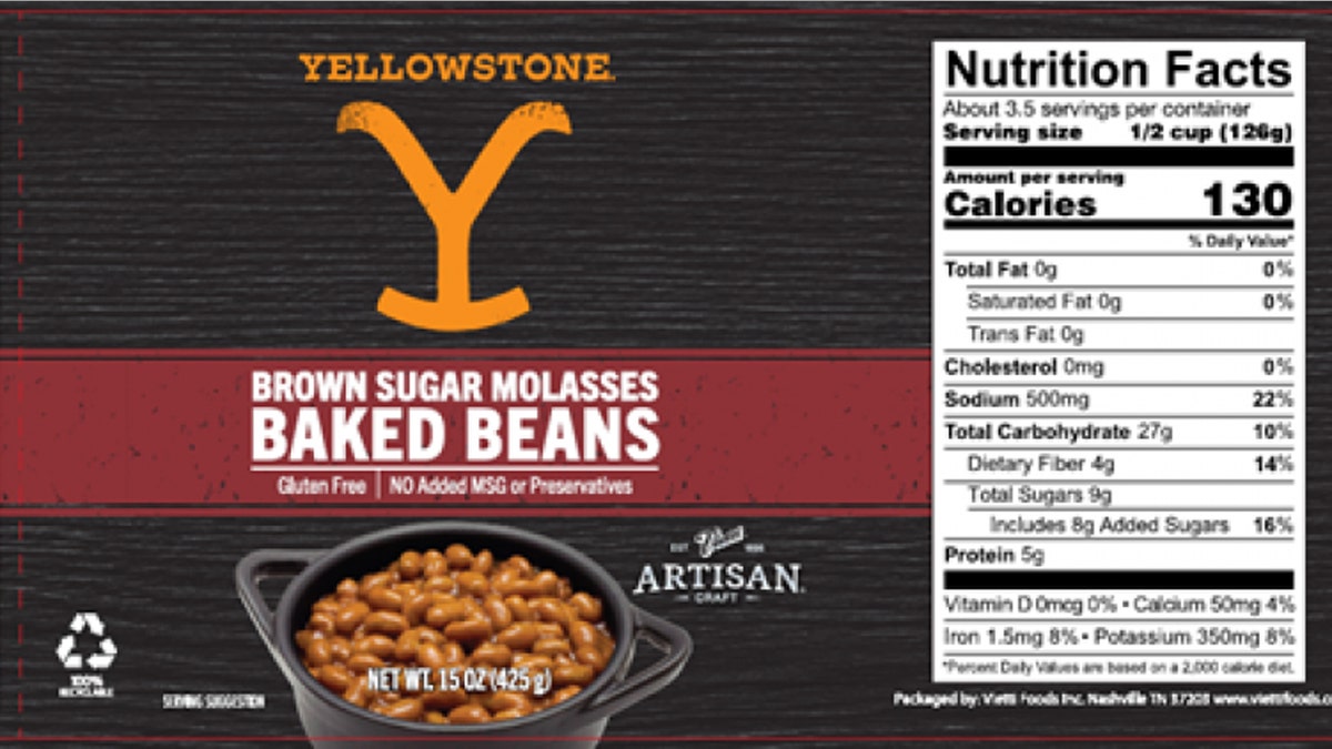The label for the 15-ounce cans of Yellowstone Brown Sugar Molasses Baked Beans is displayed