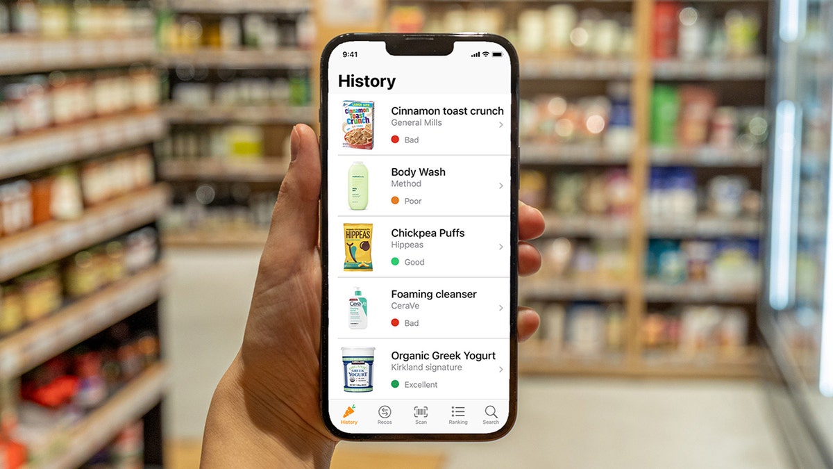 The Yuka application shows mixed results in a grocery store.