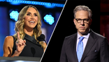 Fox News host Lara Trump speaks into a microphone (Left) CNN anchor Jake Tapper in a suit (Right)