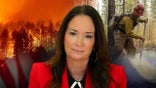 USDA Secretary Brooke Rollins with wildfire, firefighter in background