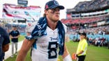 Tennessee Titans quarterback Will Levis (8) exits the field after losing 24-17 to the New York Jets in their home opener at Nissan Stadium in Nashville on Sept. 15, 2024.