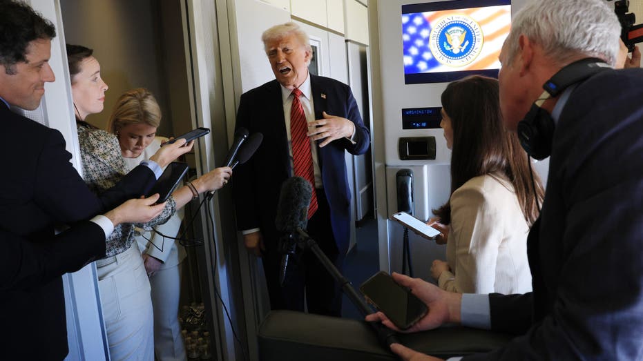 President Donald J. Trump speaks to travelling media aboard Air Force One on a range of issues, including Syria, as he flies to Doha, Qatar on May 14, 2025