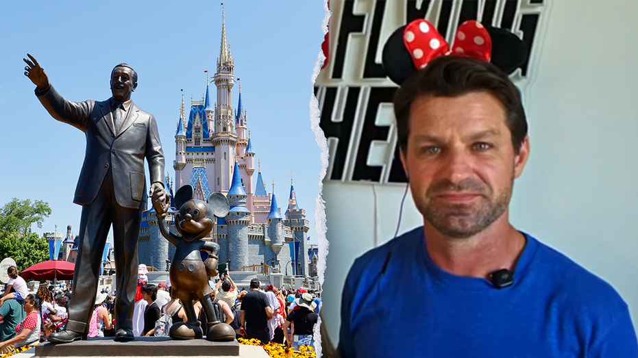 Walt Disney holding Mickey Mouse's hand with Disney castle in background and a Florida dad, Craig Stowell on right split image