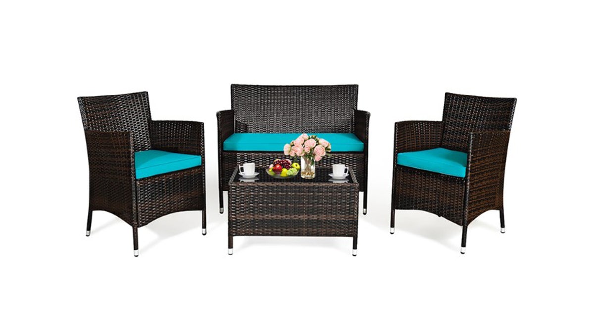 This comfortable patio set comes with three seating areas and a coffee table.