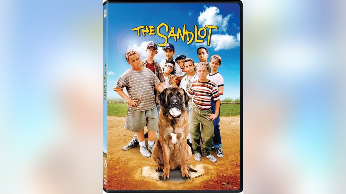 Sandlot movie poster, children standing behind dog