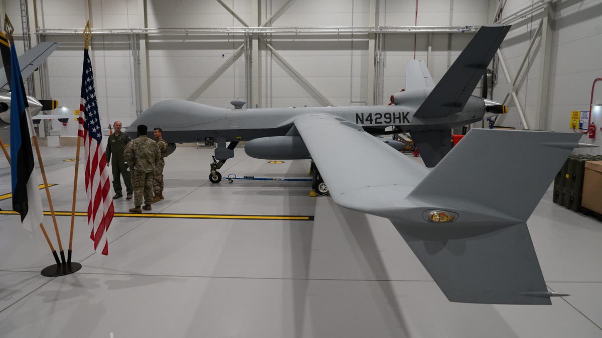 The U.S. Air Force MQ-9 Harvester Drone is located in a clothes hanger at the Amali Air Force Base in Estonia on July 1, 2020. 