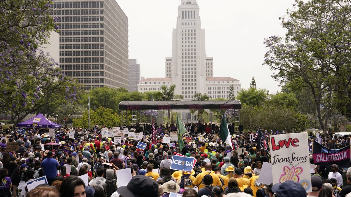 protesters massed outside LA city hall