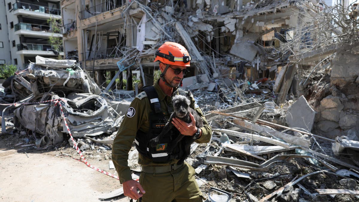 A rescue personnel holds Tess, a dog rescued from a building that was hit at an impact site following missile attack from Iran on Israel, in Ramat Gan, Israel, June 14, 2025. 