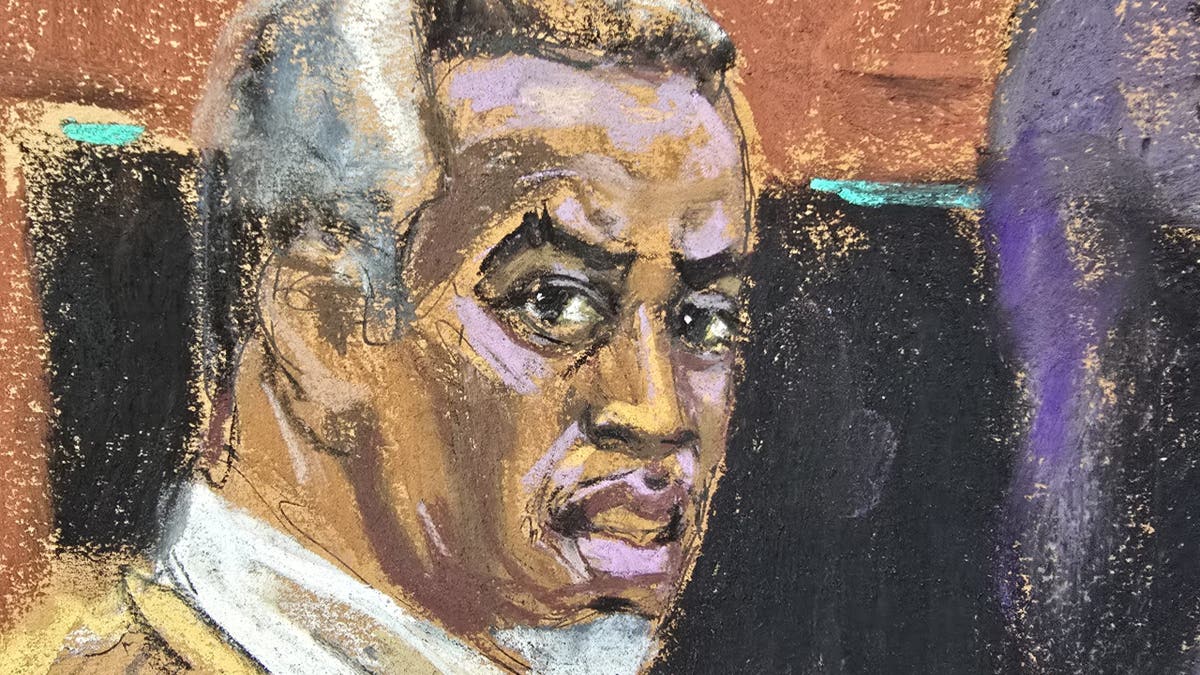Courtroom sketch of Diddy looking over his shoulder. 